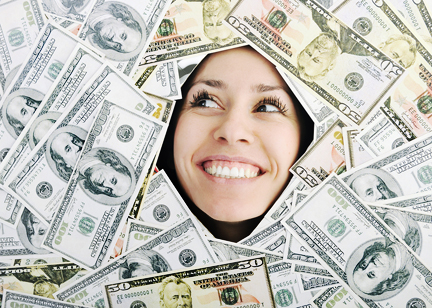 woman looking trought hole on money bacground