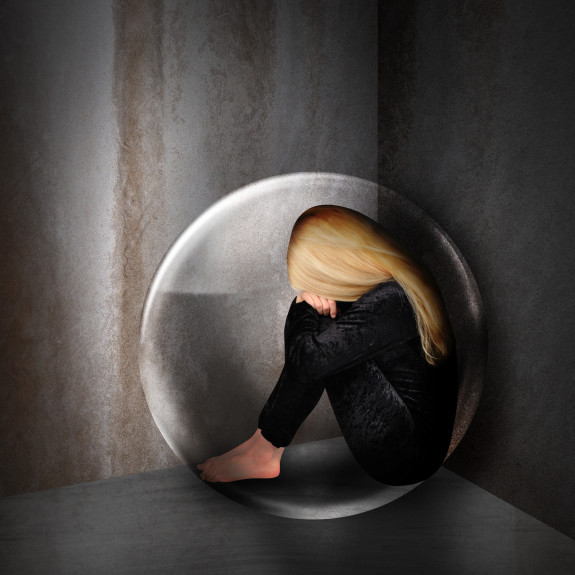 Sad Depressed Woman In Dark Bubble