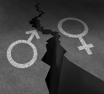 Gender gap and sex inequality concept as a male and female symbol painted on an asphalt road that is cracked in two as a metaphor for pay or wages inequity or divorce.